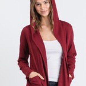 WAFFLE SOLID HOODED OPEN CARDIGAN